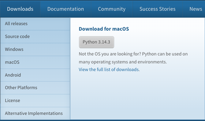 Python.org nedladdningssida för macOS