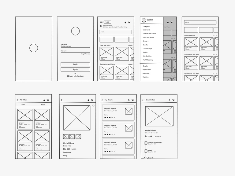 Digital wireframe med enkla gråskaliga skärmlayouter
