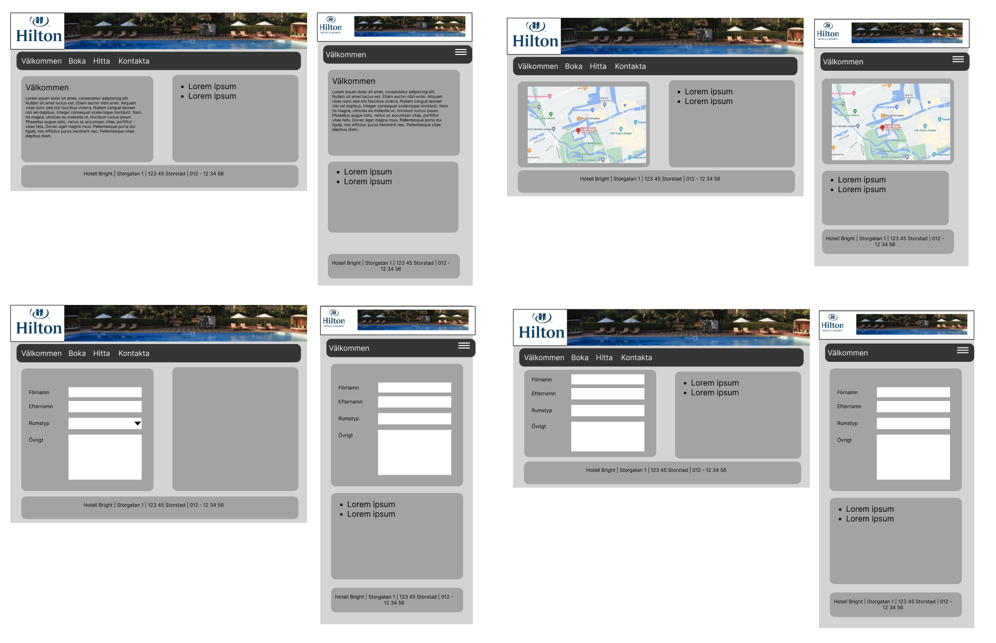 Exempel på Figma-wireframes för hotellwebbplats på A/C-nivå