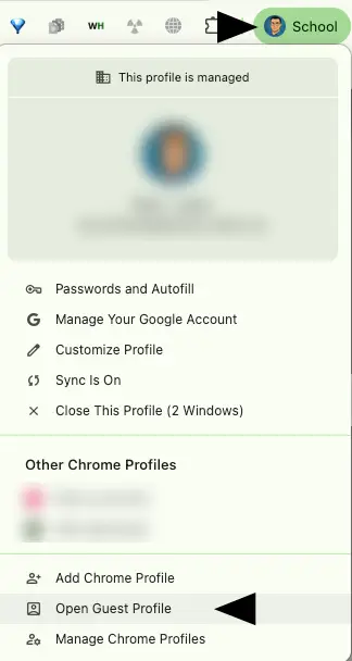 Chrome-menyn där man kan öppna en gästprofil