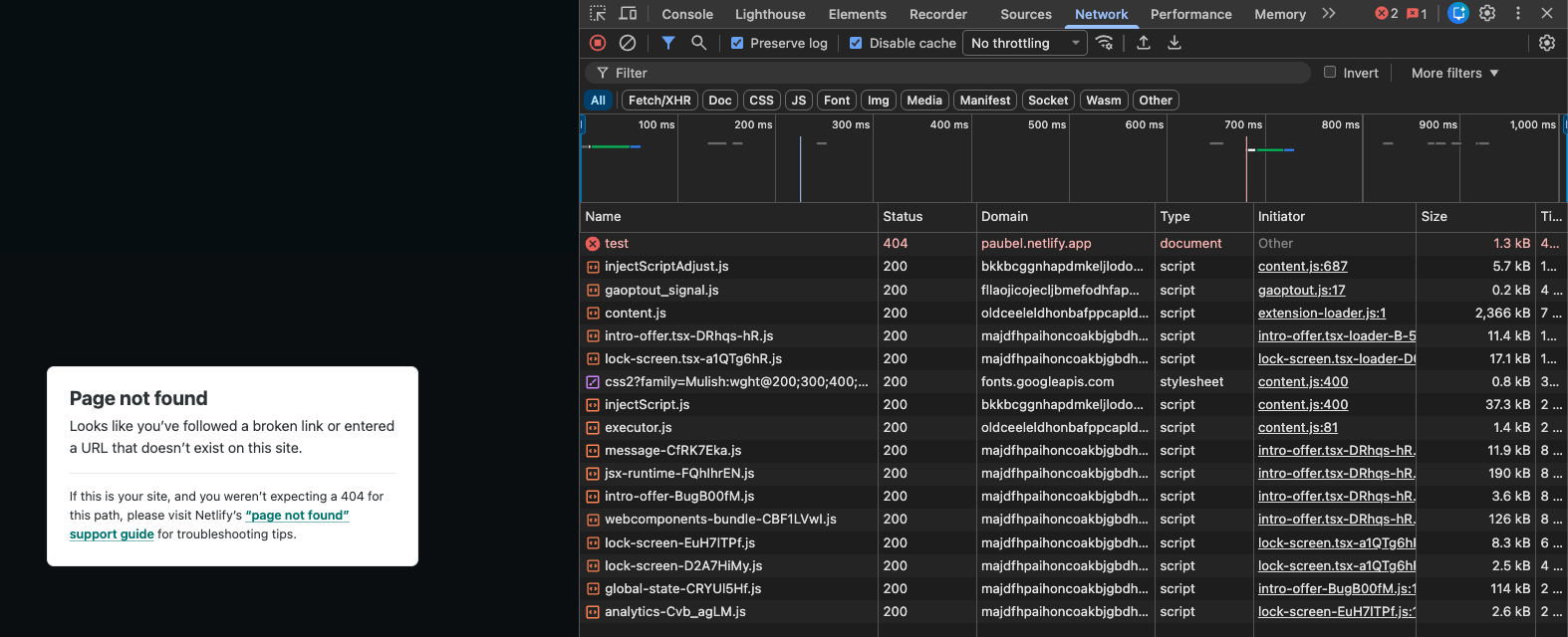 Chrome DevTools med fliken Network öppen. Förfrågan test är röd och har status 404 samtidigt som sidan visar Page not found.